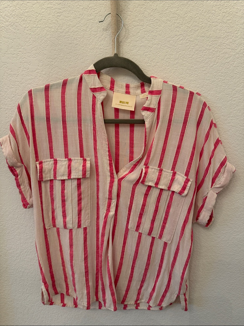 Maeve Pink & White Vertical Stripe Short Sleeve Blouse